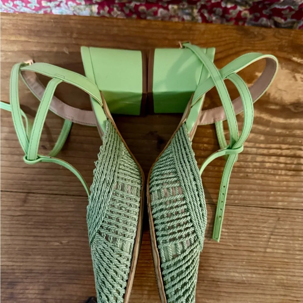 Anthropologie Mint Green Woven Pointed-Toe Block Heel Sandals - Picture 6 of 9
